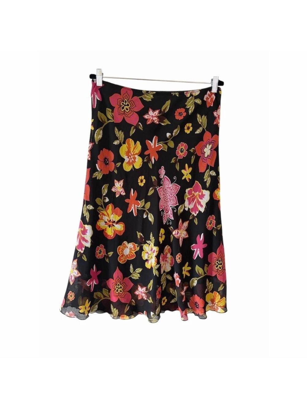 Miss H. Skirt Womens Size 40 Black Floral Midi A-Line Bias Cut Pull-On
